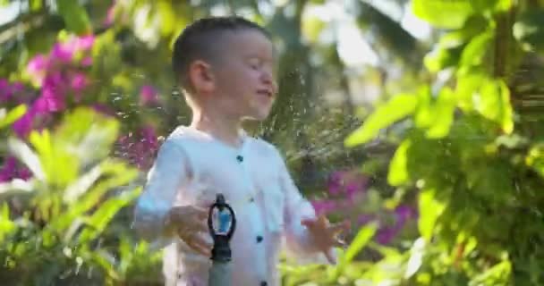Малюк розважається на задньому дворі, стрибаючи під обприскуванням води з шланга. Мила щаслива дитина грає з садовим спринклером в літній спекотний день. Маленький хлопчик щасливе дитинство . — стокове відео