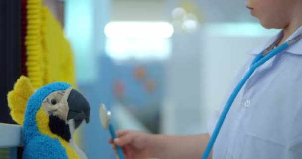 Garoto pré-escolar bonito vestindo uniforme médico branco, ouvindo animais de estimação respirando, papagaios e pacientes de brinquedo, criança jogando jogo do hospital fingindo ser médico, veterinário, médico tratar animais sem-teto — Vídeo de Stock