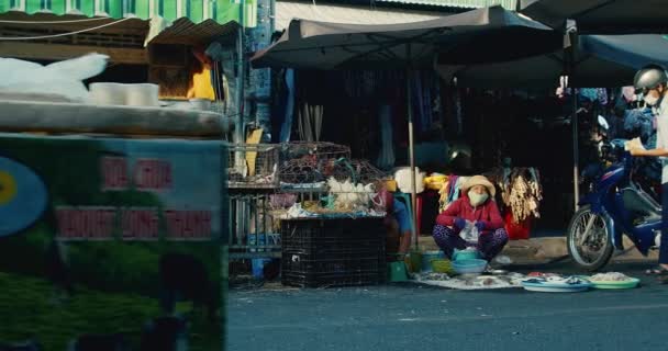 Província de Han Hoa, Vietnã em 9 de maio de 2021.As mulheres idosas vietnamitas vendem aves vivas para comer galinhas, gansos, patos, carne fresca para venda no mercado de rua na cidade turística da Ásia. Aves selvagens caseiras para alimentação. — Vídeo de Stock