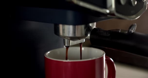 Espresso-Zubereitung, hausgemachter heißer Espresso Arabica-Kaffee höchster Qualität mit einer professionellen Kaffeemaschine Kaffeestrom aus Maschine in Tasse, fällt in eine Kaffeetasse. — Stockvideo
