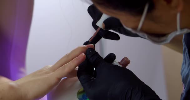 Cosmitologue fait une manucure à une brune dans un salon de coiffure. Femme esthéticienne fait la procédure, applique un vernis sur les ongles des clients, peint les ongles violet. — Video