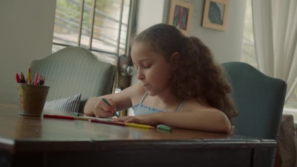 Kinderzeichnungen, fokussierte Kinder Grundschulkonzept. Nettes Grundschulkind von 7-8 Jahren sitzt gemütlich zu Hause und malt auf Papier mit Farbstiften. — Stockvideo