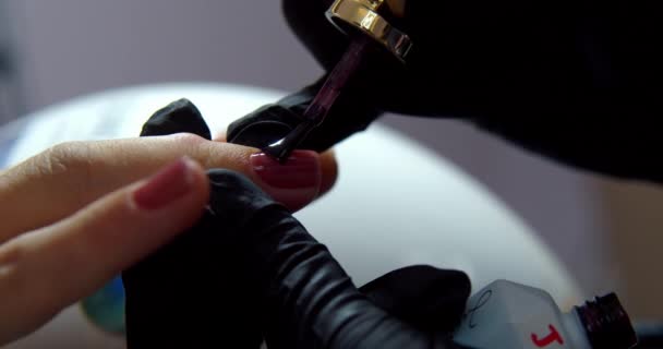 Cosmitoloog maakt een manicure aan een brunette in een kapsalon. Vrouw schoonheidsspecialiste maakt de procedure, brengt vernis aan op de klanten nagel, verft de nagels paars. — Stockvideo