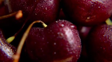 Taze sulu, ıslak, kırmızı kiraz rotasyonu. Tahta tezgahta taze kirazlar 360 tur yapar. Kuş kirazı. Döngü hareketi