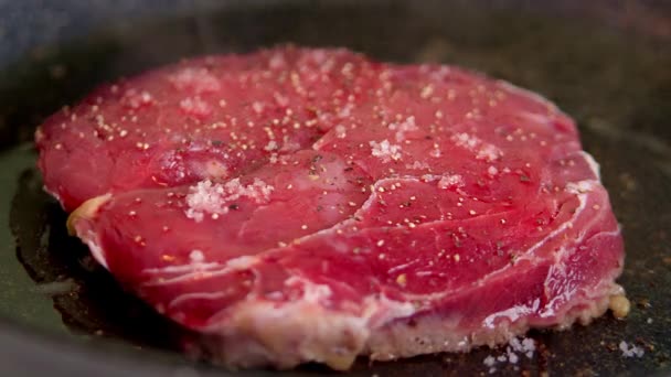 Sur une poêle chaude est un morceau de steak de bœuf marbré frais, saupoudré de diverses épices de steak, sel, poivre, poivron. — Video
