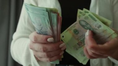 Kadın eller evde Vietnamlıların penislerini ya da paralarını sayıyor. Yatırım, başarı, mali beklentiler veya kariyer büyümesi kavramı.