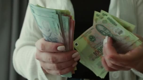 Weibliche Hände zählen zu Hause vietnamesische Dongs oder Bargeld. Konzept über Investitionen, Erfolg, finanzielle Aussichten oder Karrierewachstum. — Stockvideo