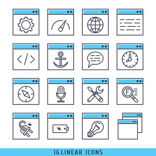 16 iconos lineales set vector para ilustración web azul — Vector de stock