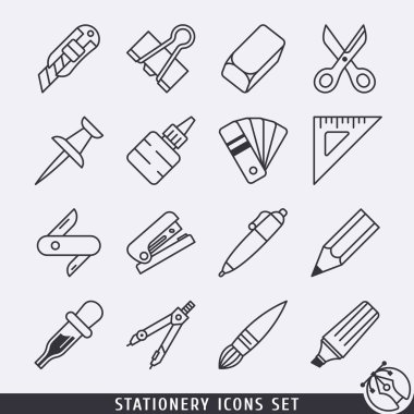 Siyah ve beyaz lineart Kırtasiye Icons set