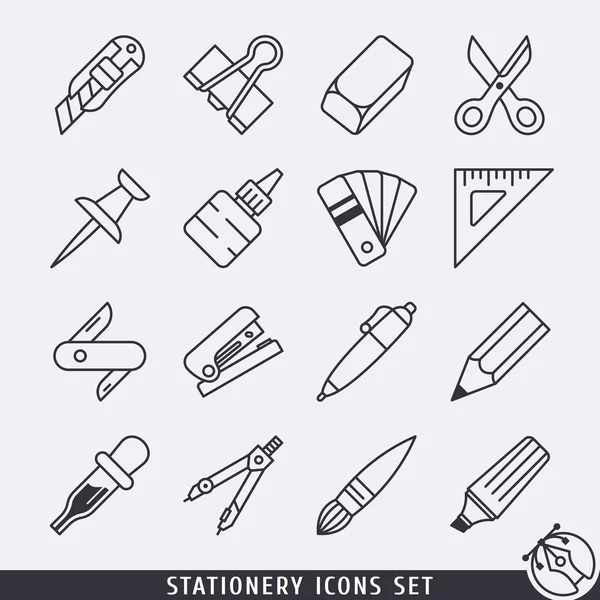 Conjunto de iconos de papelería lineal en blanco y negro — Vector de stock