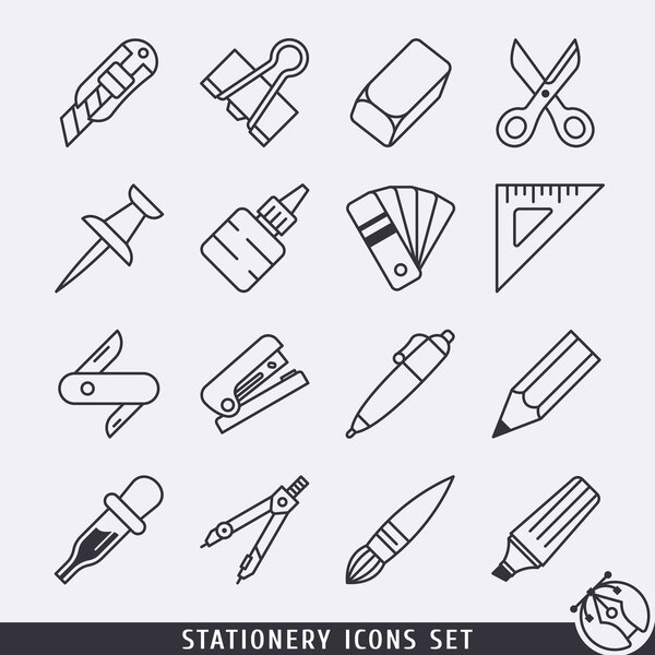 Stationery icons set black and white lineart