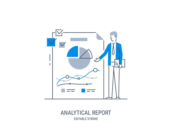 Hombre Negocios Presenta Datos Analíticos Análisis Informe Datos Empresariales Gestión — Archivo Imágenes Vectoriales