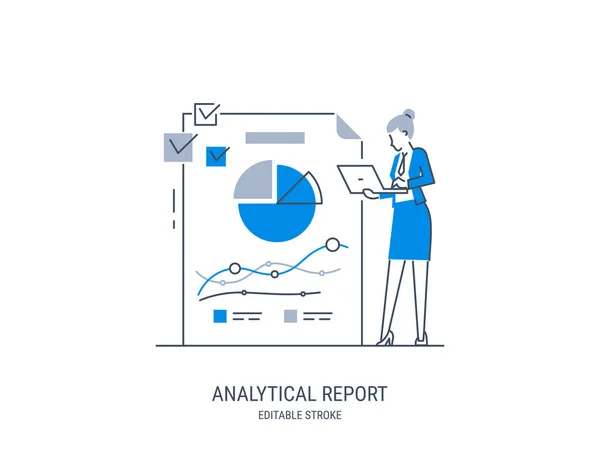 Donna Affari Con Computer Portatile Presenta Dati Analitici Analisi Report — Vettoriale Stock