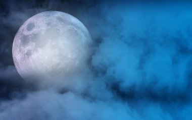 Big full moon with moon light covered by clouds in dark night sky, magic night time, space for text clipart
