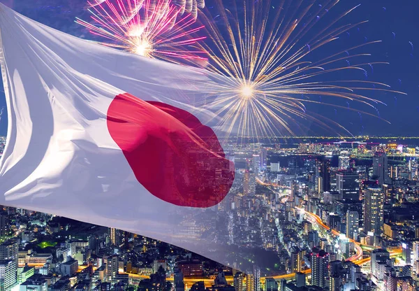 日本の国旗と花火 独立記念日の概念図 天皇誕生日 建国記念日 — ストック写真
