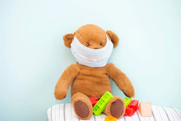 Brown Teddy Bear Toy Protective Medical Mask Child Room Concept Stock Photo