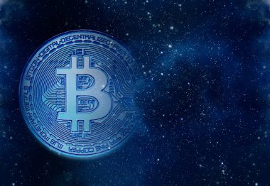 Bitcoin sembolü, yıldızlı gökyüzünde dijital para, Dünya 'daki kripto para işiyle ilgili konsept resmi