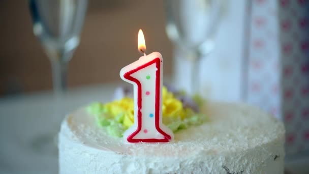 Birthday Candle Number One Top Sweet Cake Table — Stock Video