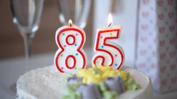 Birthday Candle Number Eighty Five Top Sweet Cake Table 85Th — Stock Video