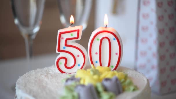 Birthday Candle Number Fifty Top Sweet Cake Table 50Th Birthday — Stock Video