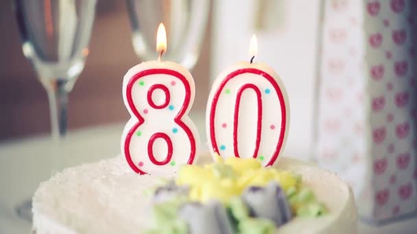 Birthday Candle Number Eighty Top Sweet Cake Table 80Th Birthday — Stock Video