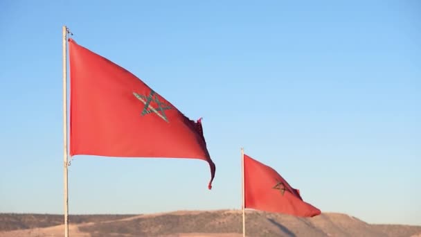 Old Moroccan Flag Waving Wind Sunny Summer Day Morocco Slow — Stock Video