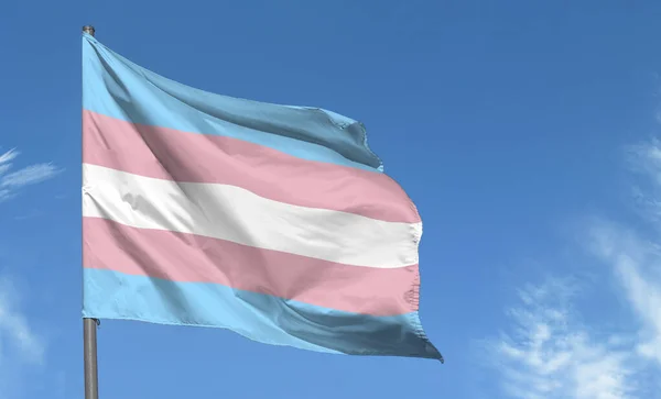 Mavi gökyüzünde transseksüel bayrağı sallıyor, caddede transseksüel gurur bayrağı sallanıyor