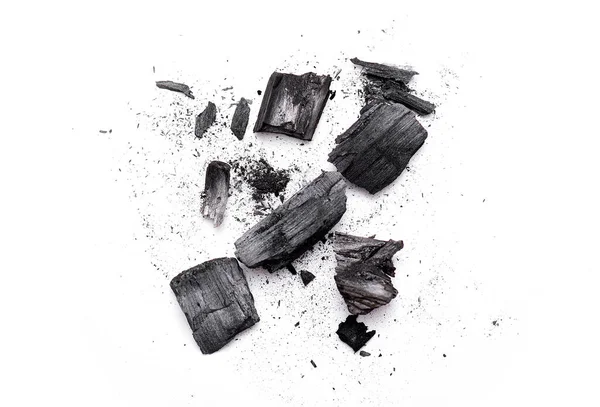Primer Plano Piezas Rotas Carbón Madera Cenizas Polvo Negro Aislado —  Fotos de Stock