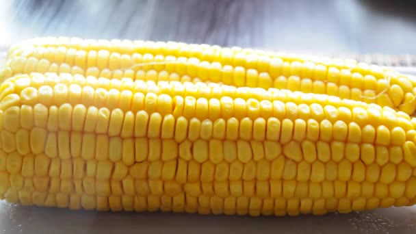 Forró Kukorica Gőz Közelről Sárga Kukoricaszem Egy Tányéron Videó Felbontás — Stock videók