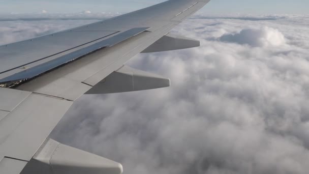 空に雲の上を飛んで飛行機の翼のビューのクローズアップ 空への平面飛行 ビデオ4Kの解像度 — ストック動画