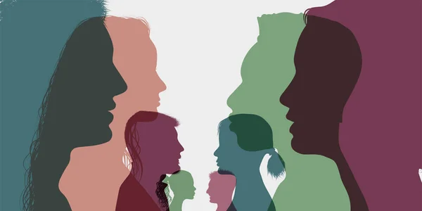 Diversiteit Multi Etnische Multiraciale Mensen Silhouet Profielgroep Van Mannen Vrouwen — Stockvector