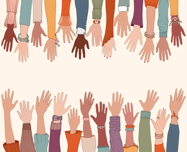 下から腕と手を上げ 上から手を挙げて集まるグループ 寄付とボランティア活動多様な人々 スペースのコピー — ストックベクタ