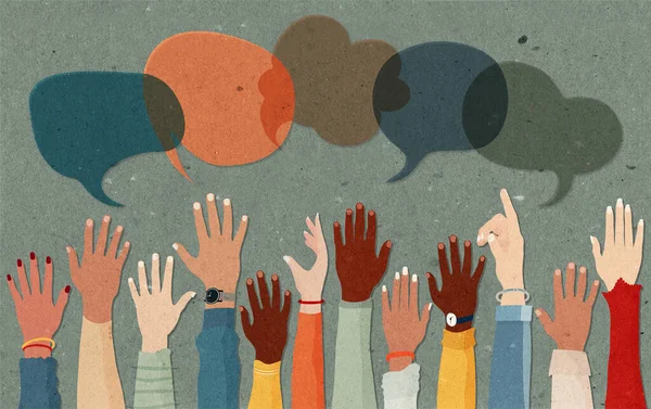 Anonymous Arms Raised Hands Multiethnic Multicultural Group People Speech Bubble — Stock Photo, Image