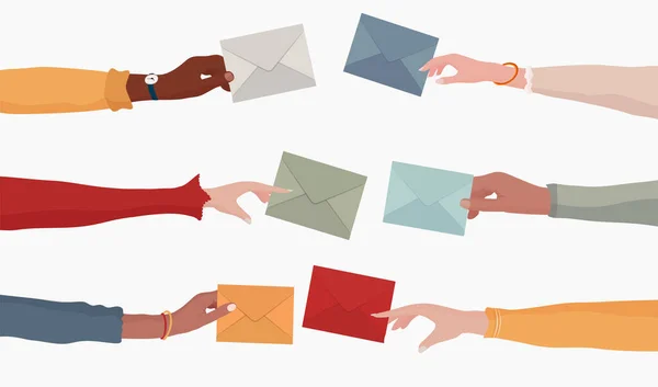 Braços Mãos Pessoas Multiétnicas Segurando Mail Como Conceito Informações Correio — Vetor de Stock
