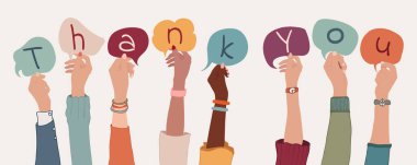 Silah grubu ve çeşitli insanlardan oluşan bir grup, içinde metni oluşturan harflerle bir konuşma balonu tutuyor. - İş arkadaşları ve arkadaşlar arasındaki minnettarlık.