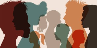 Psikoloji ve psikiyatri konsepti. Siluet, çok ırklı ve çok kültürlü insanların profiline bakıyor. Psikolojik terapi. Tedavi altındaki hastalar.