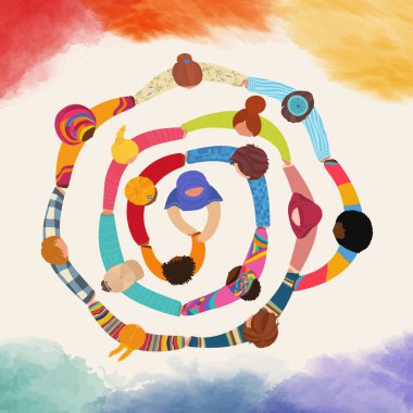 Renkli bir spiral oluşturan insanların hava görüşü birlik çeşitliliğini ve insan bağlantısını sembolize ediyor