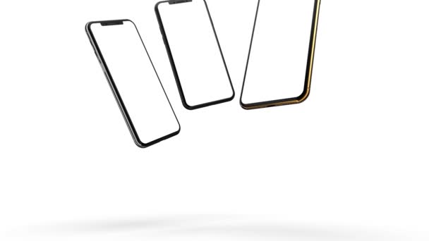 白の背景に隔離された空白の画面を持つ金 黒のスマートフォン テンプレート モックアップ — ストック動画