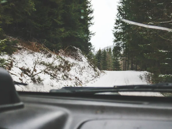 Wycieczka Samochodem Offroad Przez Ukraińskich Karpat Zimie Widok Okna Choinki — Zdjęcie stockowe