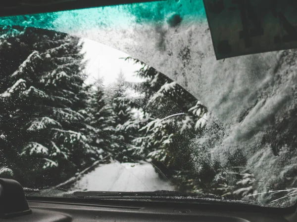 Viaggio Fuoristrada Attraverso Carpazi Ucraini Inverno Vista Dalla Finestra Albero — Foto Stock