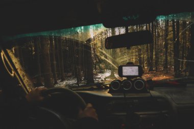 Baharda Ukrayna Karpatları 'na yapılacak off-road araba gezisi. Pencereden bak, Noel ağacı. Dış keşif gezisi. Gün batımı araba görünümü