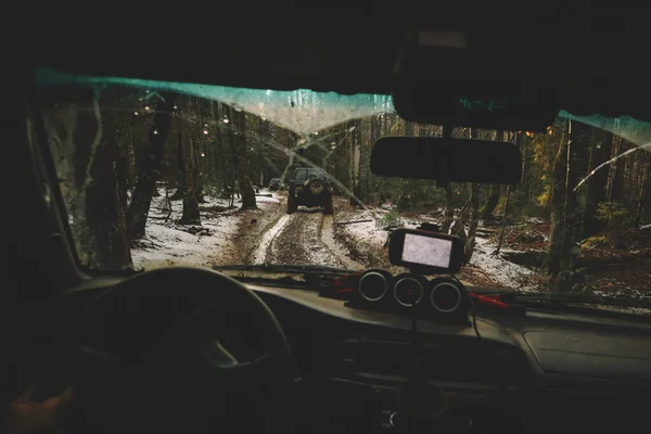 春にウクライナのカルパティアを通ってオフロード車の旅 窓からの眺め クリスマスツリー 外部探検隊 サンセットカービュー — ストック写真