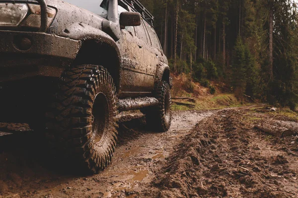 Carros Sujos Rodas Nas Montanhas Pântano Nos Pneus Viagens Offroad — Fotografia de Stock