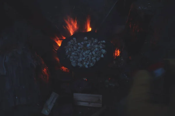 People cook food, meat in the mountains on a frying pan on the fire. Tourists at night.