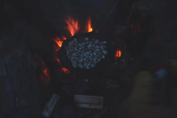 People Cook Food Meat Mountains Frying Pan Fire Tourists Night — Stock Photo, Image