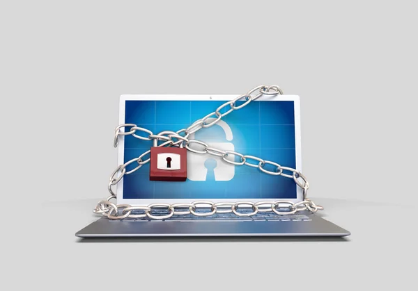 Laptop computer with a padlock and chain — Stock Photo, Image