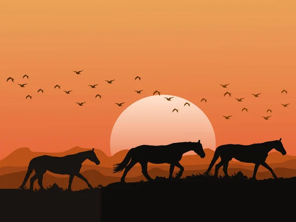 Silhouette Herd Horses Hills Sunset Has Mountains Orange Sky Background — Stock Vector