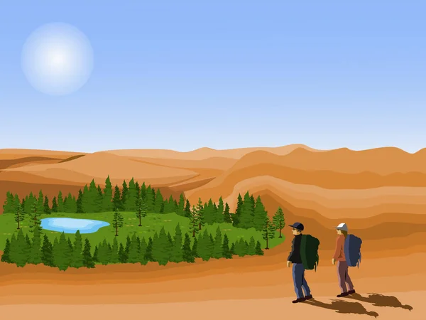 Dois Turistas Olhando Para Oásis Deserto Com Fundo Azul Céu — Vetor de Stock