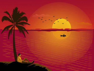 Bir adam gün batımında bir hindistan cevizi ağacına yaslanmış, gün batımında arka planda günbatımını seyrediyor..