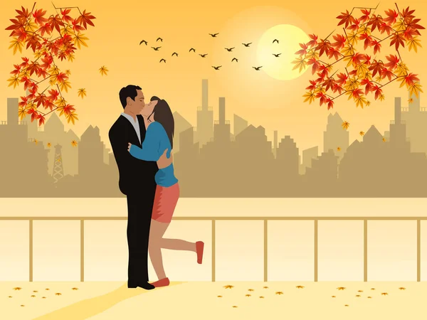 Man Woman Kissing Public Garden City Sunset Background — Stock Vector